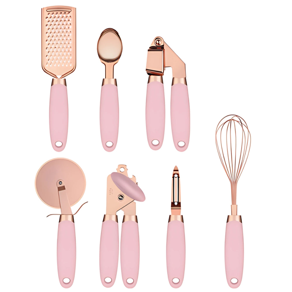 Rose Gold Stainless Steel Cooking Utensil Set with Silicone Handles