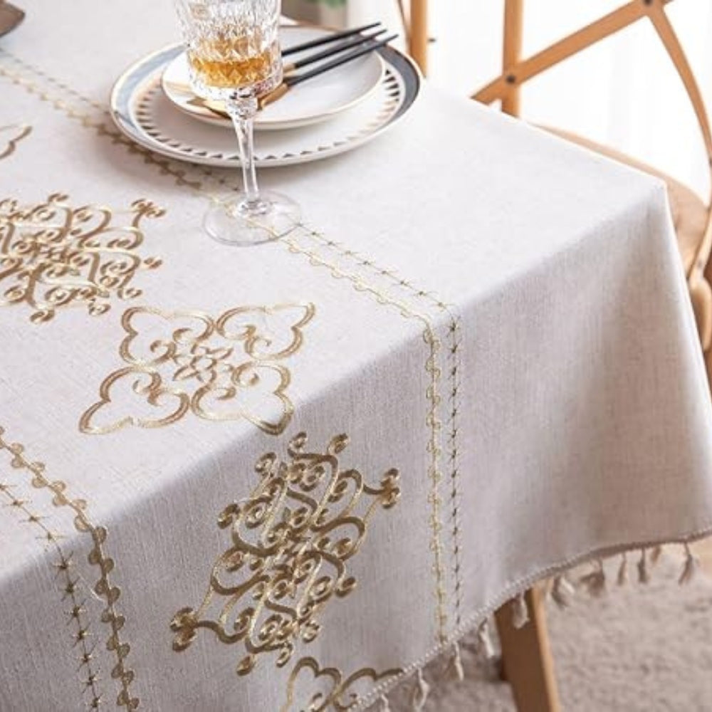 Embroidered Ivory Tablecloth with Jacquard Detailing