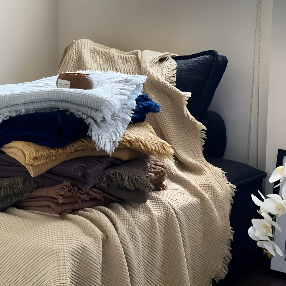 Cotton Crinkle Texture Tassel Throw Blanket