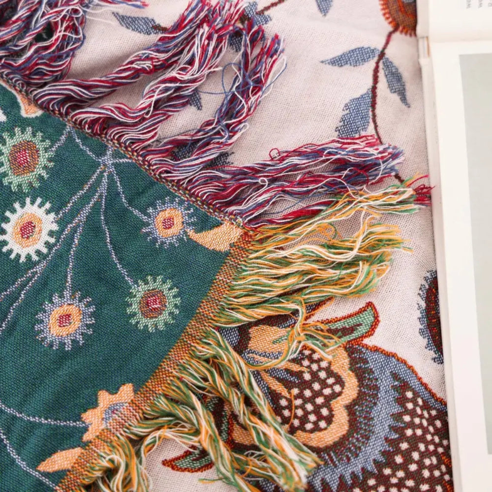 Reversible Floral Cotton Blanket with Tassels