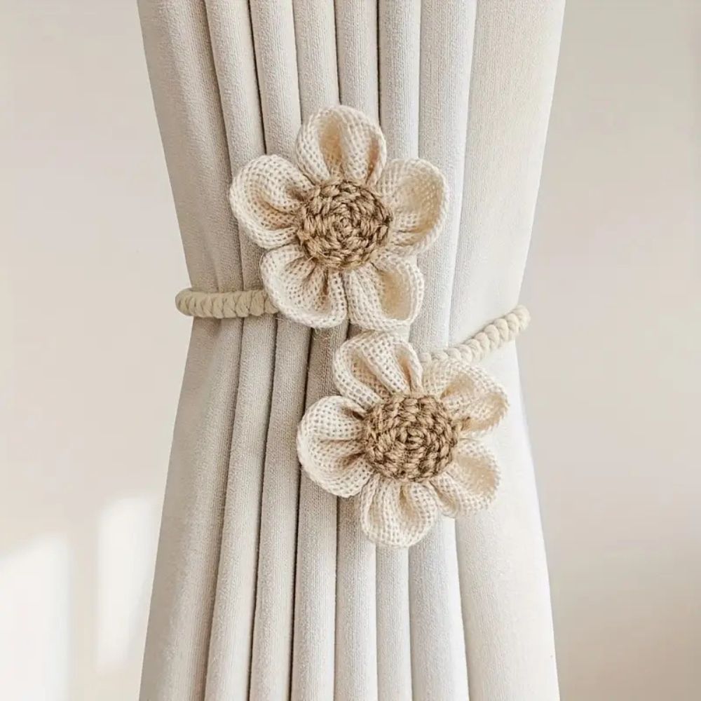 Floral Hemp Curtain Tiebacks - Rustic 2 Piece Set