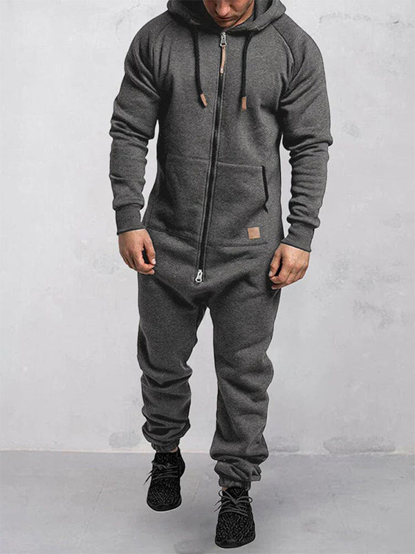 Hooded Fleece Zipper Jumpsuit with Pockets