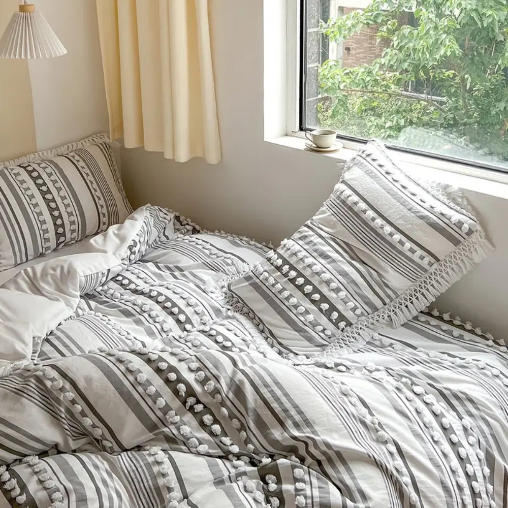 Soft Stripe Tassel Duvet Set - Cotton Microfiber Blend