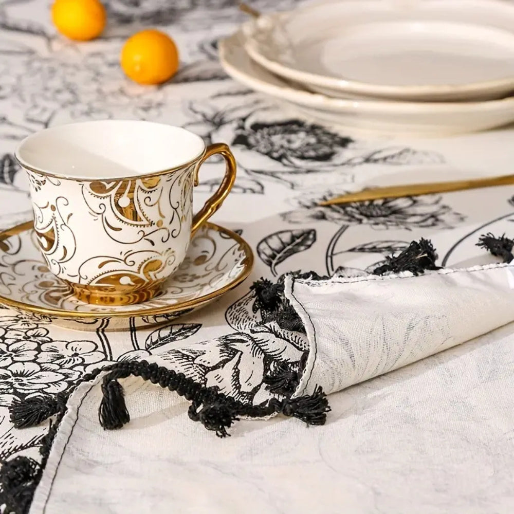 Black Floral Tasseled Tablecloth for Rustic Dining