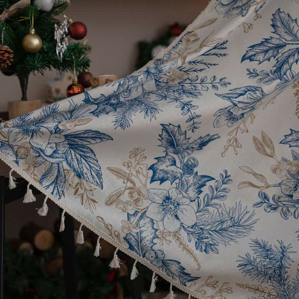 Blue Floral Semi-Blackout Curtain in Cotton-Linen Blend