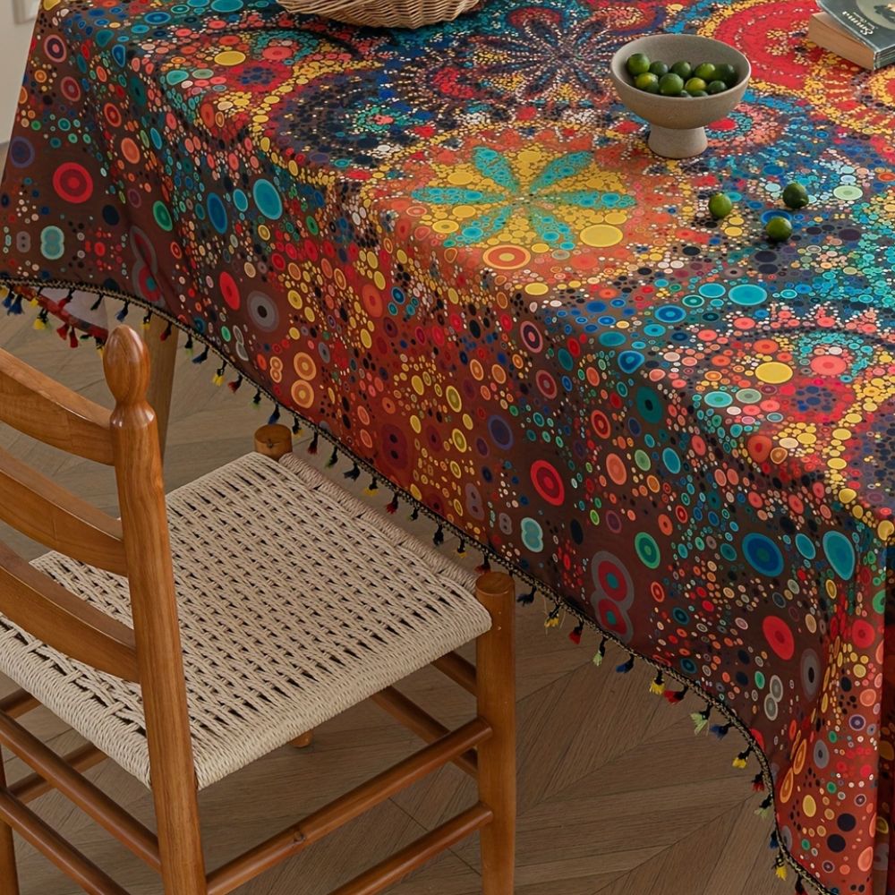 Bohemian Tassel Tablecloth with Water-Resistant Finish