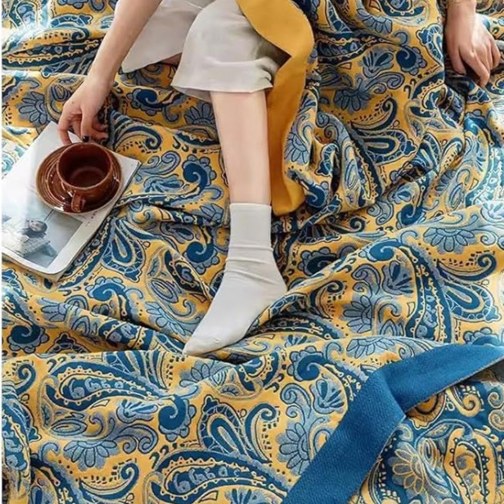 Azure Golden Retro Cotton Throw Blanket
