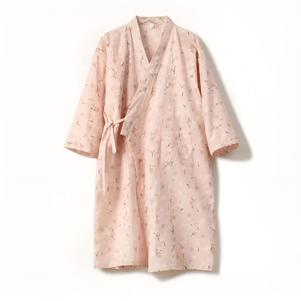 Floral Cotton Yukata Bathrobe with Adjustable Waist