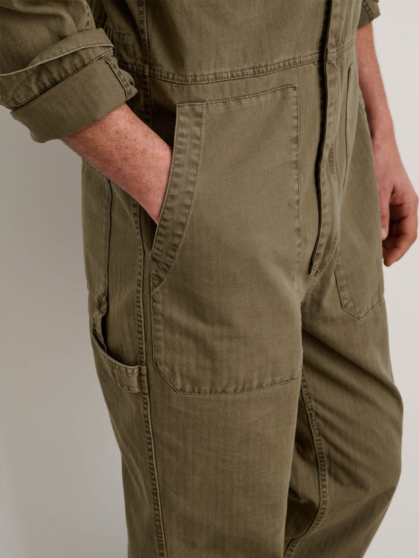 Men's Slim Fit Military Zip Jumpsuit in Cotton Herringbone
