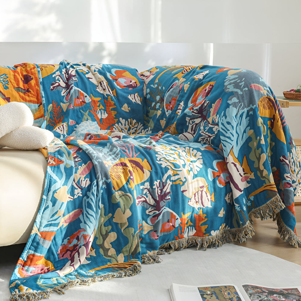 Underwater Coral Cotton Blanket with Colorful Fish Design