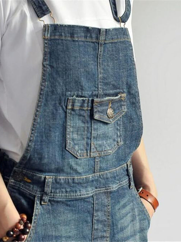Vintage-Inspired Denim Overall Dress with Back Slit