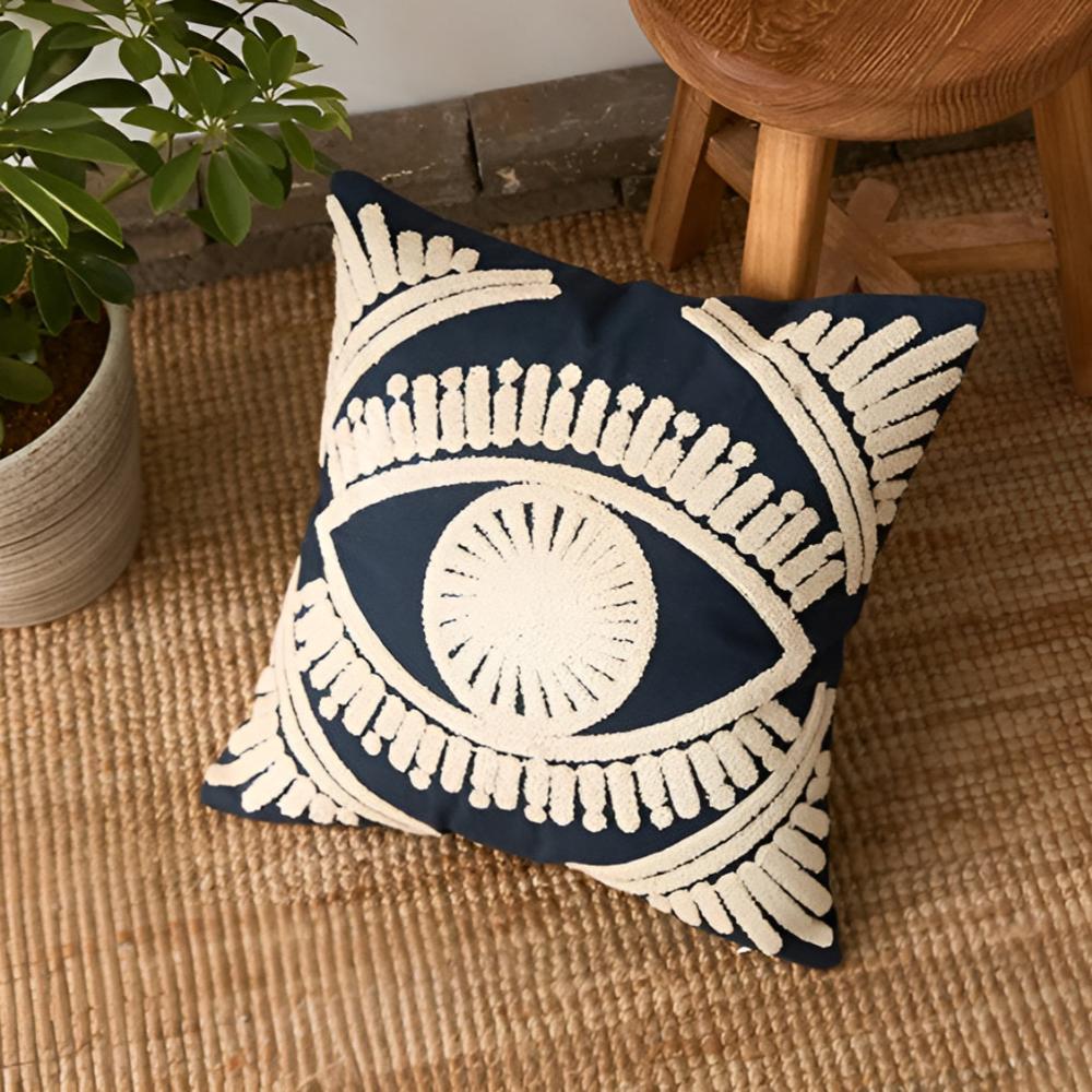 Boho Eye Embroidered Cotton Cushion Cover