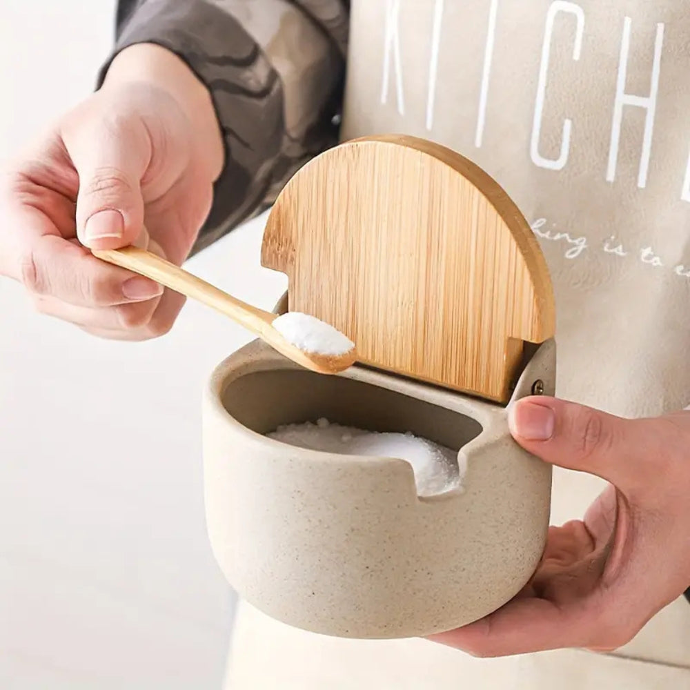Ceramic Spice Jar Set with Bamboo Lids and Tray
