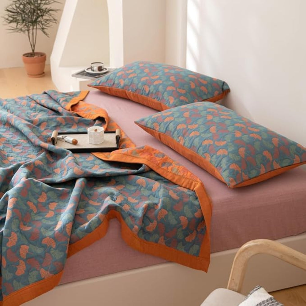 Reversible Ginkgo Leaf Print Blanket in Organic Cotton