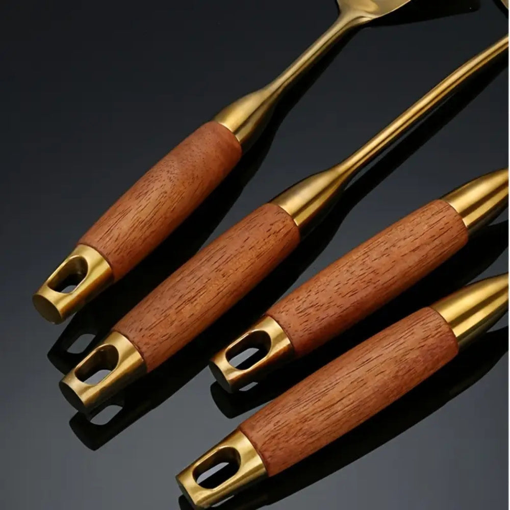 Golden Stainless Steel Kitchen Utensil Set with Wooden Handles