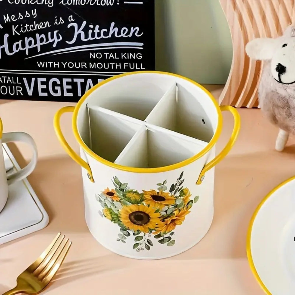 Retro Floral Utensil Storage Basket with Divider Lid