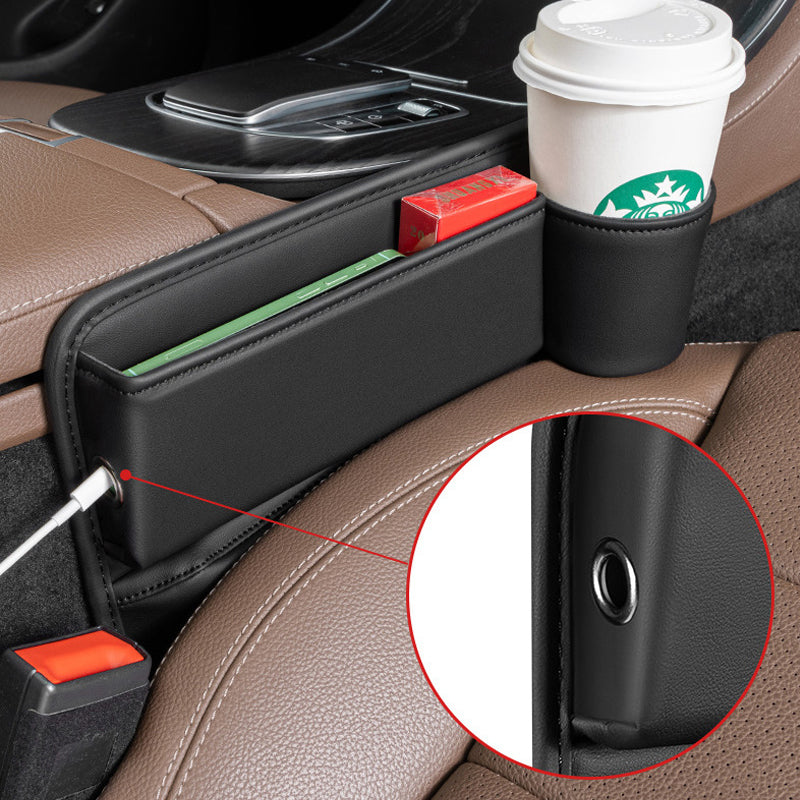 Car Seat Organizer with Charging Port - Black Leather Storage Box