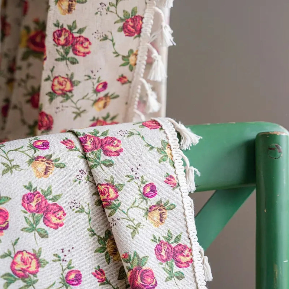 Floral Tasseled Semi-Sheer Cotton Curtain
