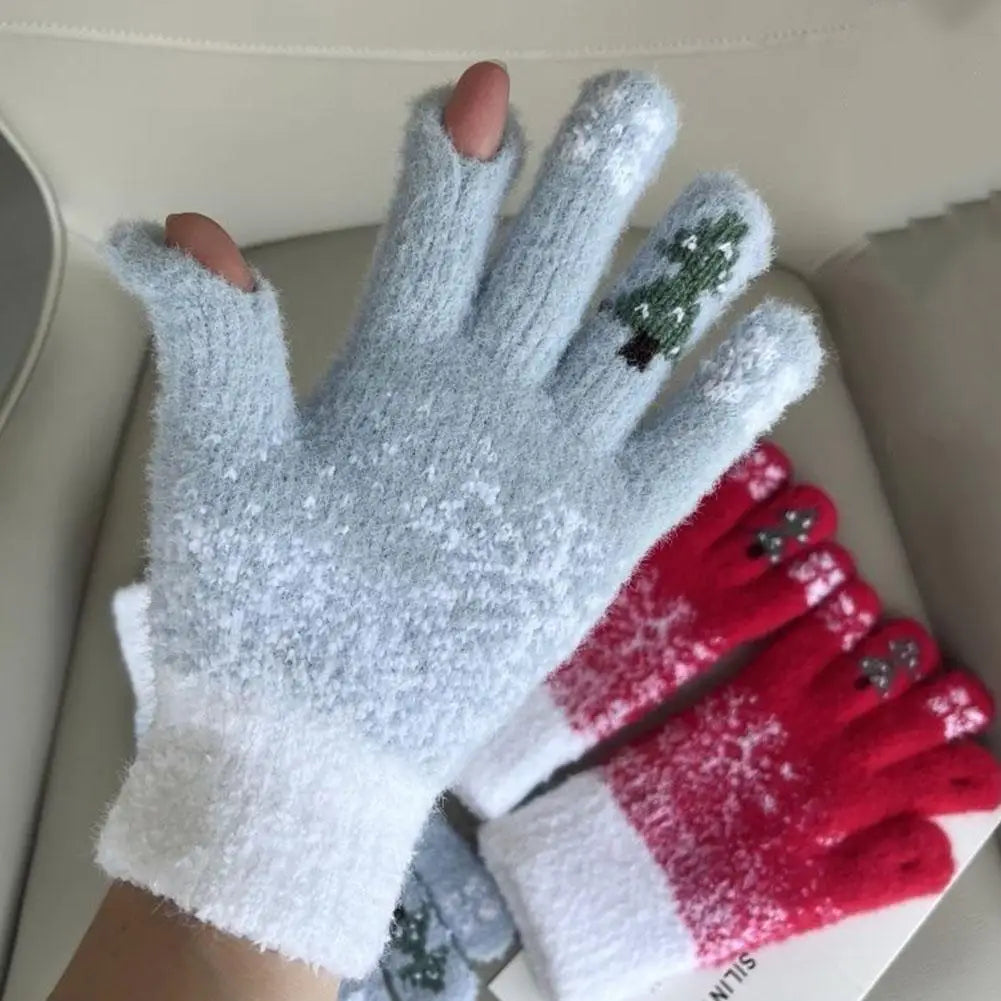Fleece Lined Convertible Fingerless Gloves with Festive Design