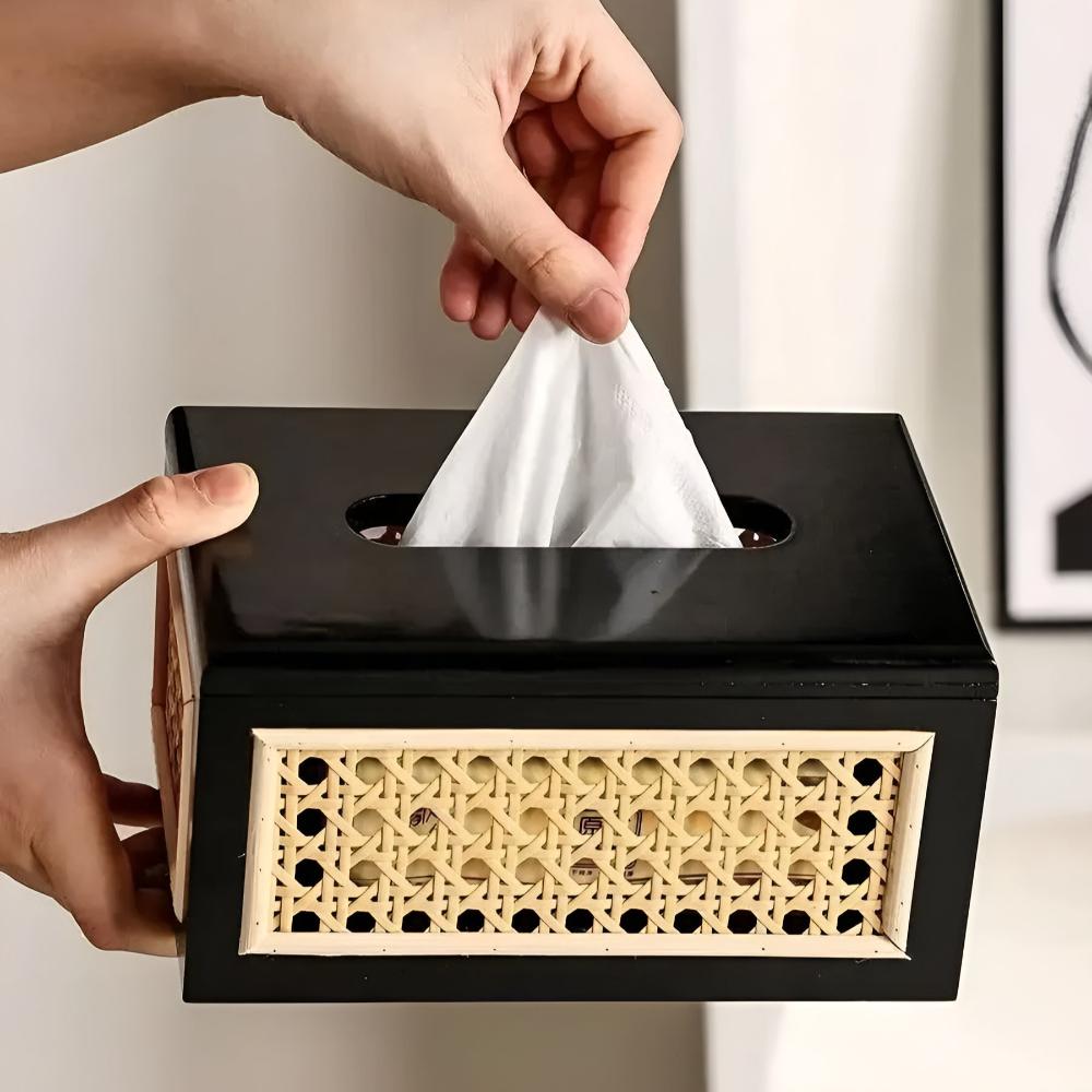 Japandi Minimalist Rattan Tissue Box with Wooden Lid