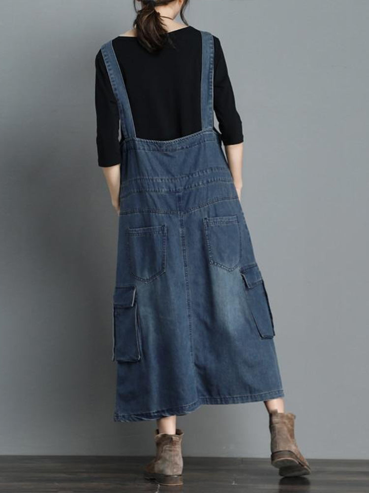 Loose Fit Vintage Denim Overall Dress with Adjustable Straps
