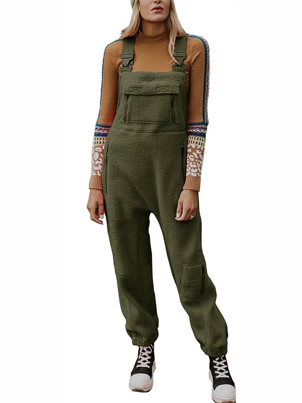 Women's Fleece Thermal Overalls with Adjustable Straps and Zippered Pockets