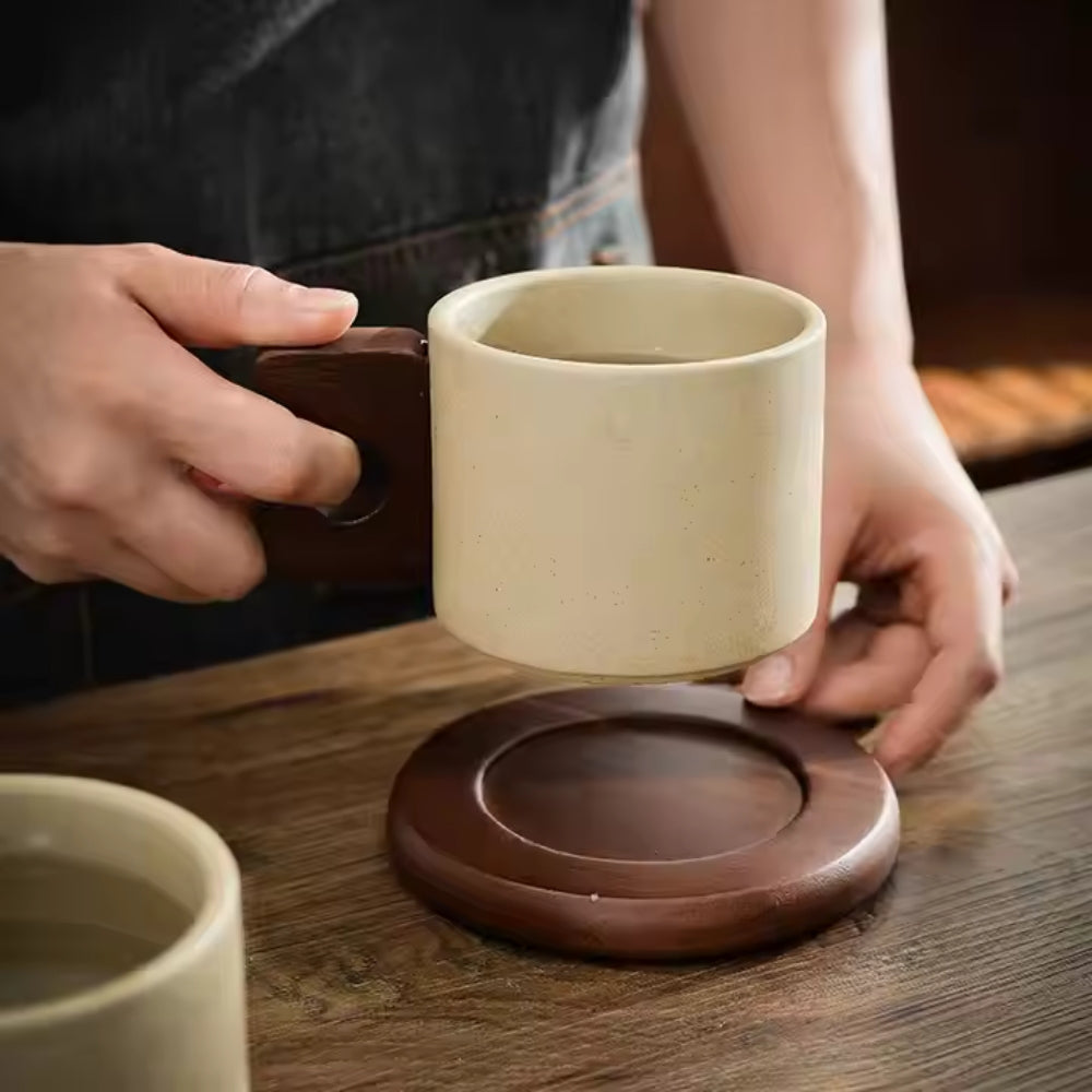 Modern Ceramic Mug with Wooden Handle
