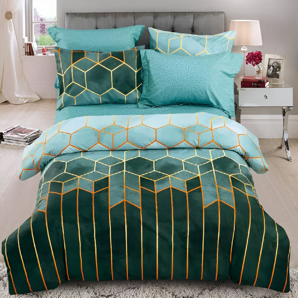Golden Cosmo Hive Duvet Cover Set with Geometric Design - 3 Pieces