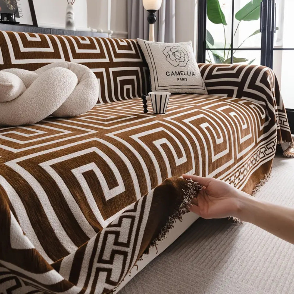 Chenille Sofa Cover with Bohemian Tassels and Greek Key Design