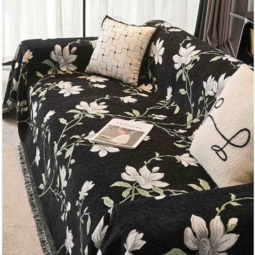 Vintage Floral Chenille Sofa Protector with Tassels