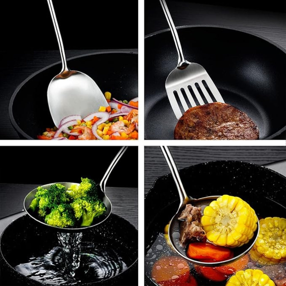 Stainless Steel Wooden Utensil Set with Ergonomic Handles - 6 Pieces
