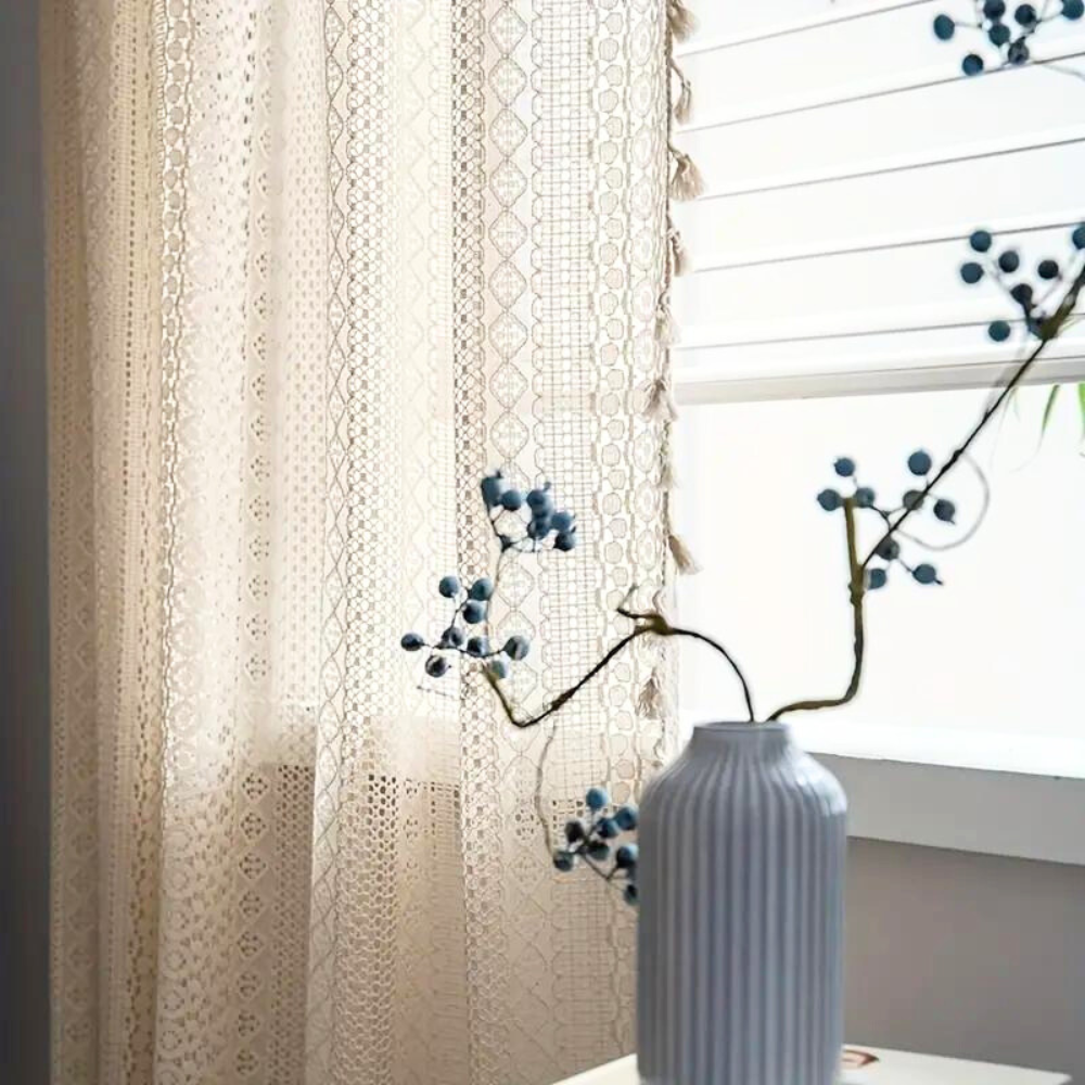 Bohemian Tassel Trim Crochet Curtain