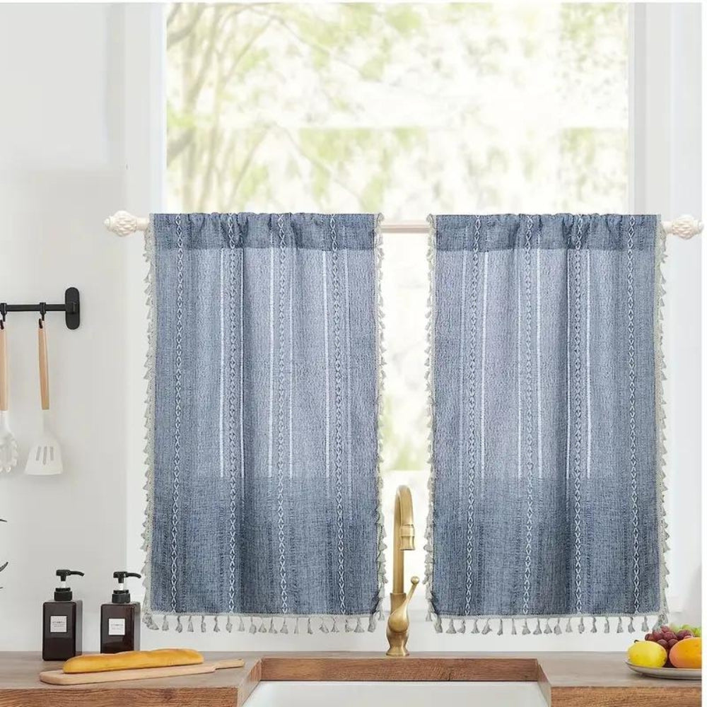 Boho Cotton Linen Kitchen Curtains with Tassels