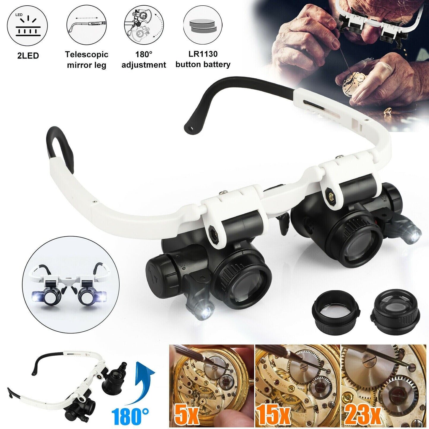 Headband Magnifier with LED Light and 4 Interchangeable Lenses