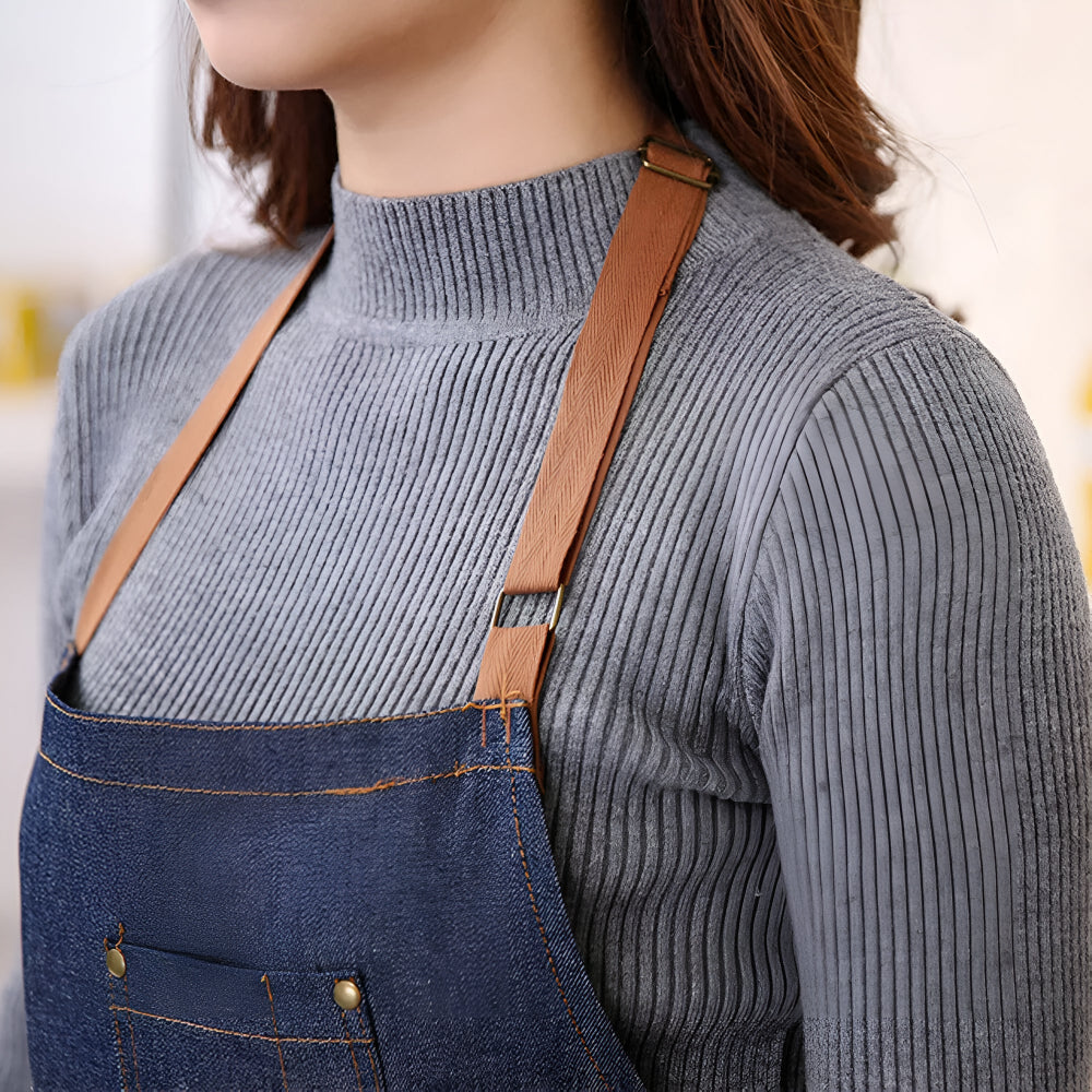 Adjustable Blue Denim Chef Apron with Front Pocket