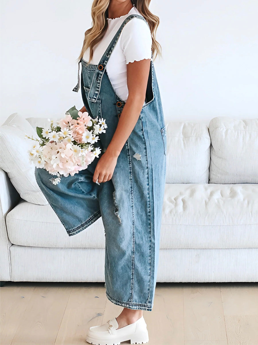 Loose Fit Distressed Denim Overalls with Adjustable Straps