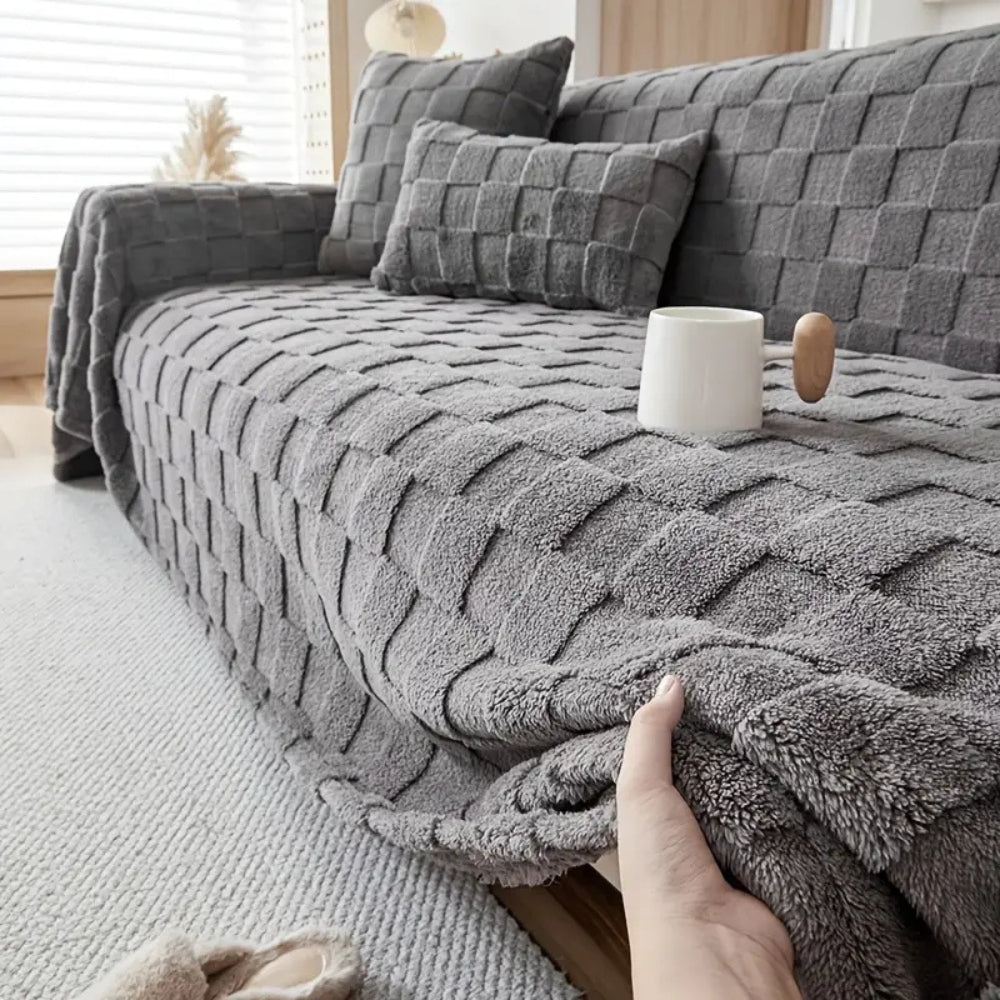 Checkered Plush Velvet Sofa Cover for Pet-Friendly Protection
