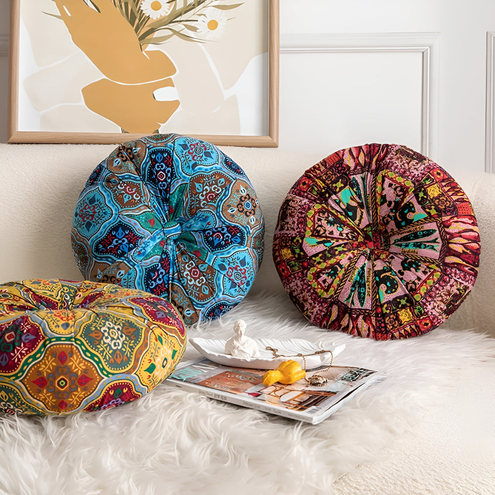 Boho Round Microfiber Seat Cushion with Geometric Patterns