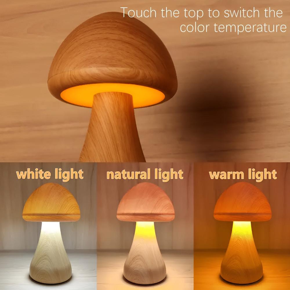 Rechargeable Wooden Mushroom Lamp with Adjustable Light Settings
