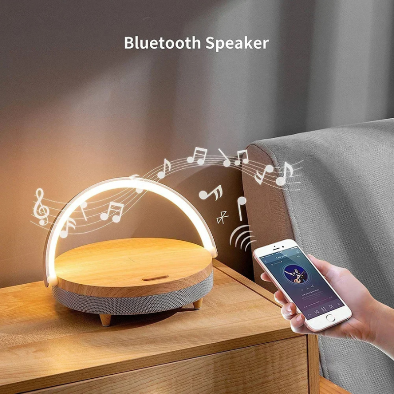 Multifunctional Wooden Table Lamp with Bluetooth Speaker and Wireless Charger