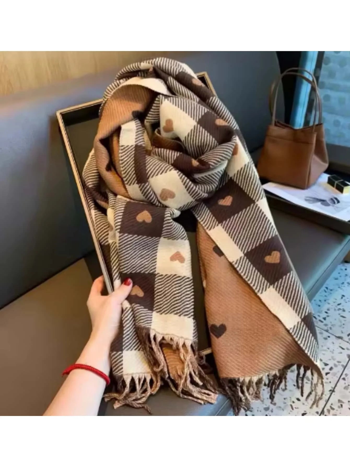Long Checked Winter Scarf Shawl with Fringed Ends