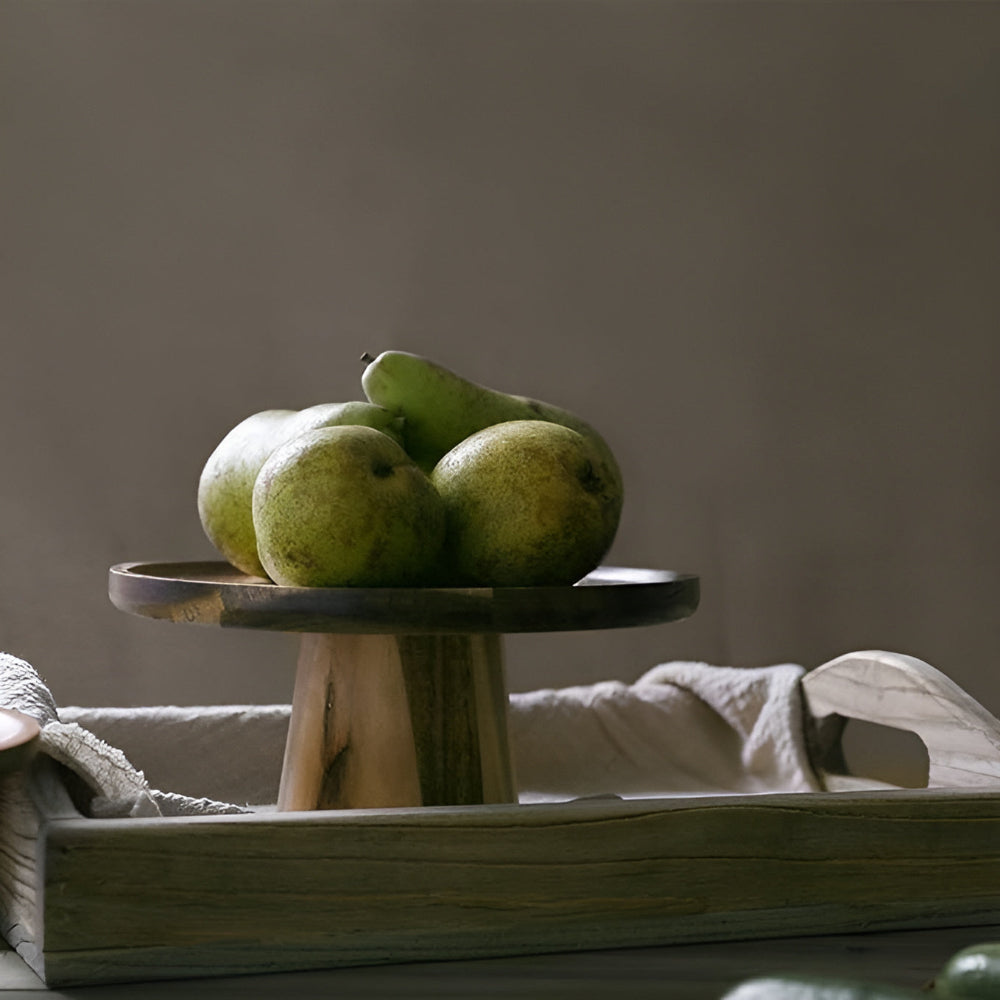 Round High Stand Wooden Cake Plate in Natural Finish