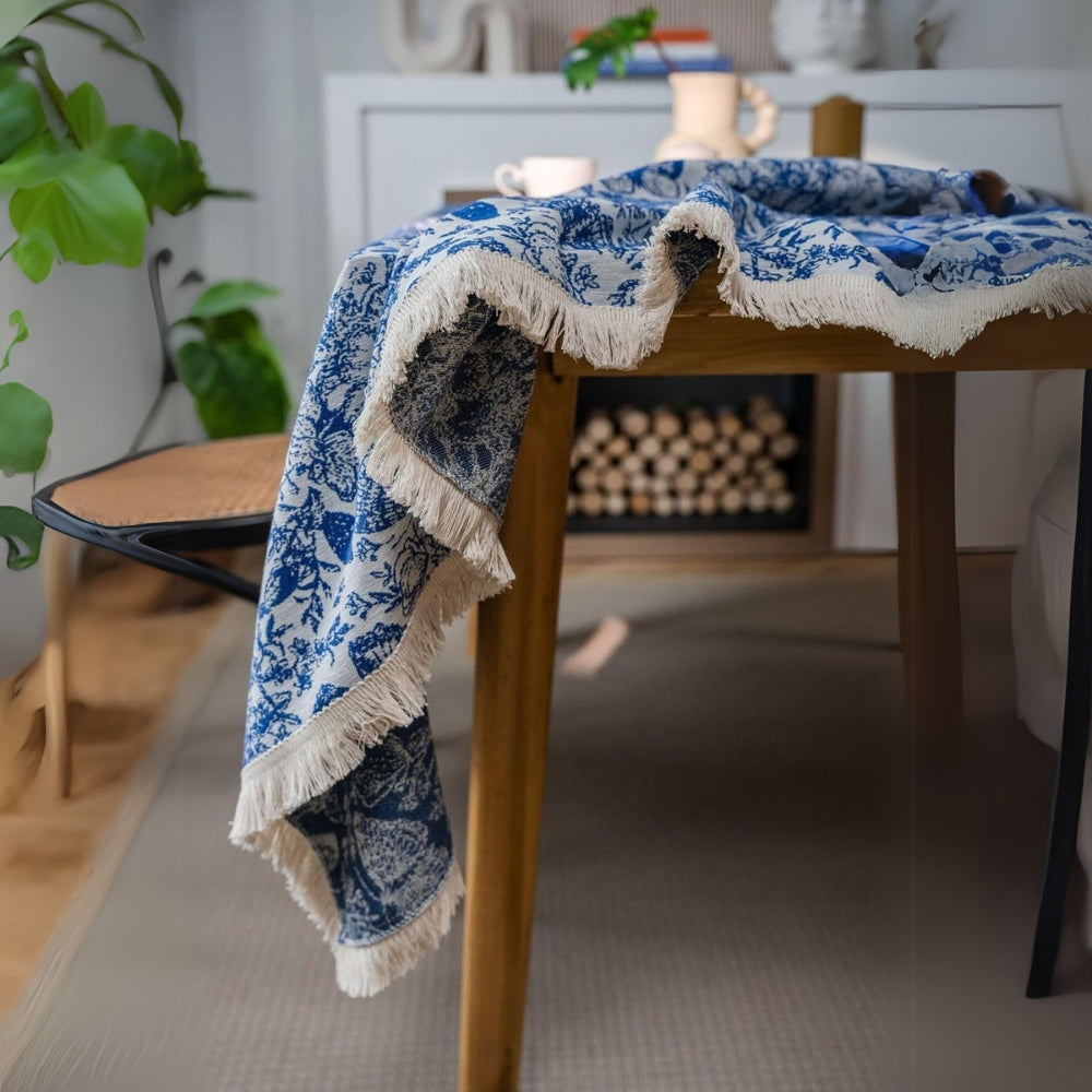 Bohemian Blue Butterfly Tablecloth with Tassel Trim