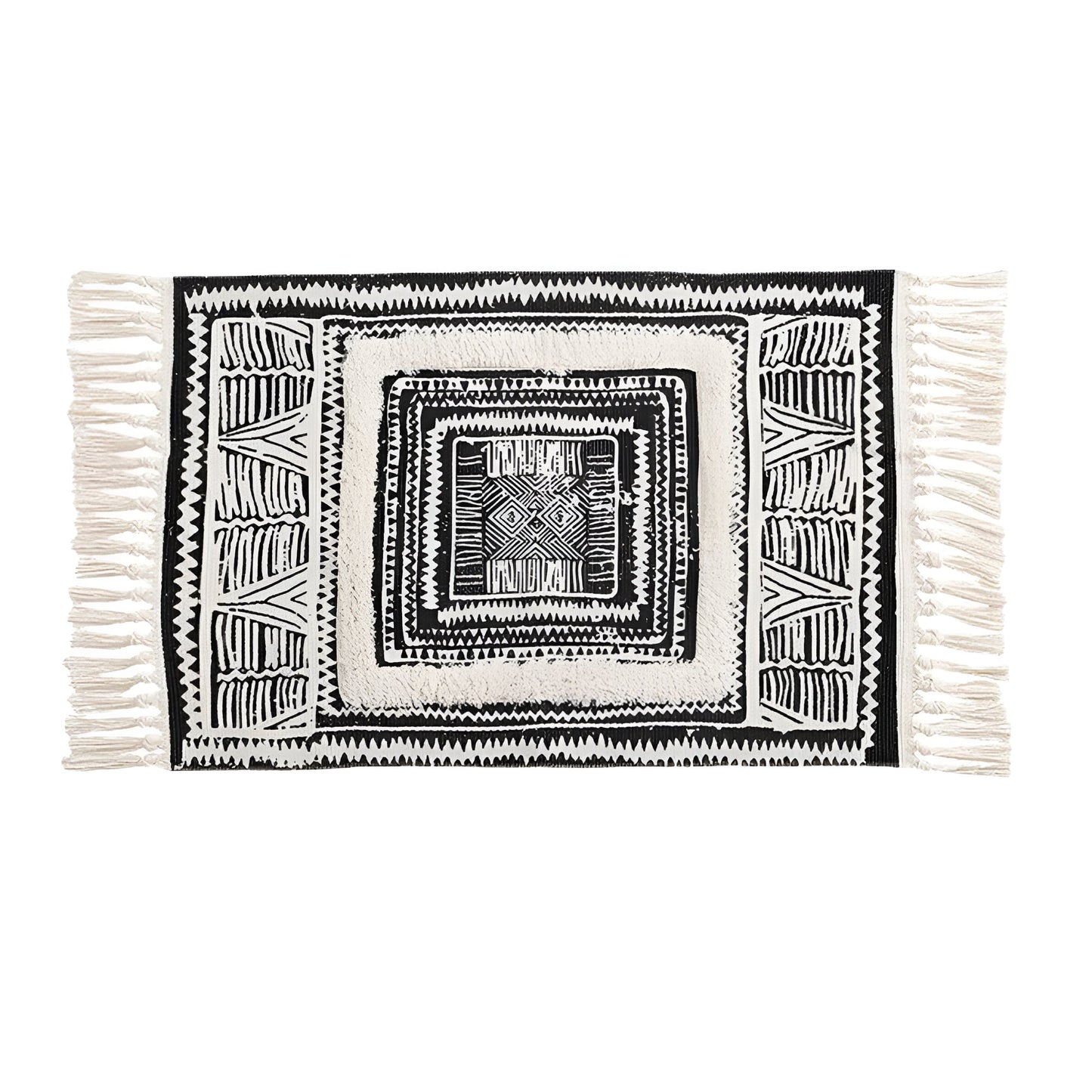 Boho Black and White Geometric Tassel Floor Mat