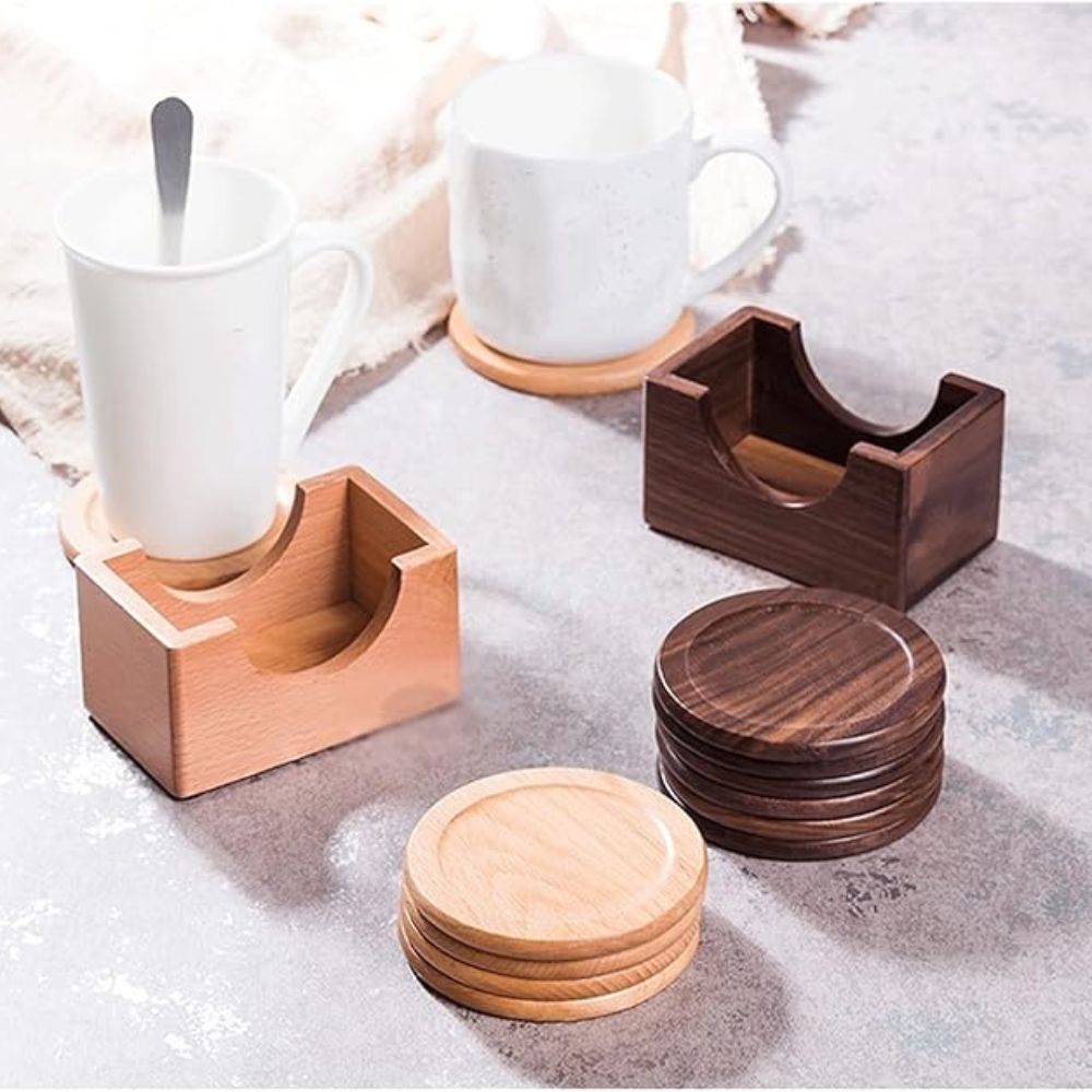 Japanese Walnut Wood Coaster Set - 6 Circular Coasters