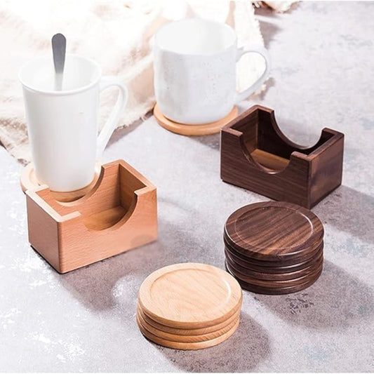 Japanese Walnut Wood Coaster Set - 6 Circular Coasters