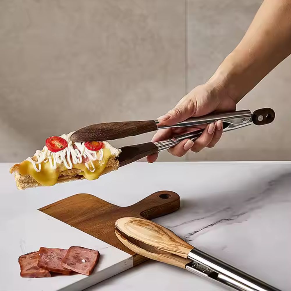 Wood and Steel Kitchen Tongs with Ergonomic Grip