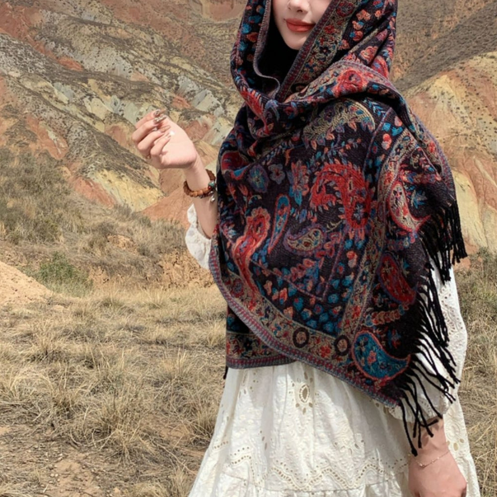 Double-Sided Paisley Poncho Shawl for Women