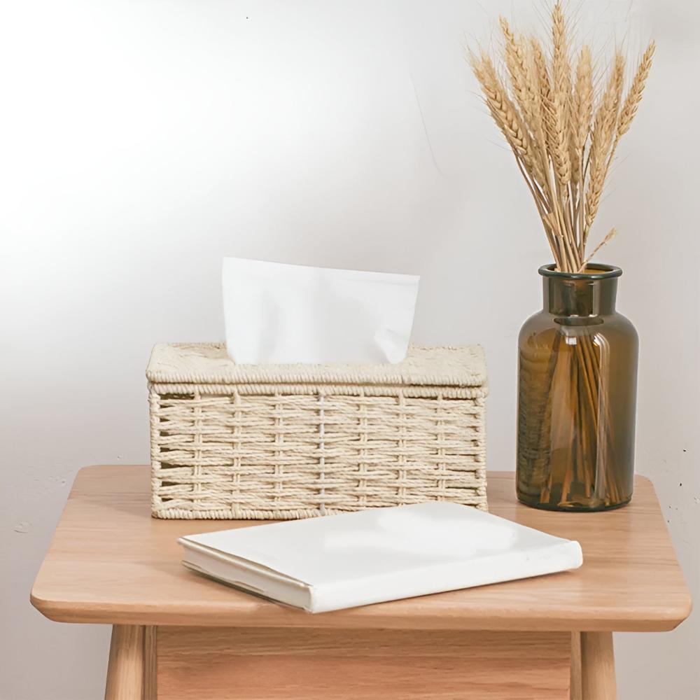 Rustic Rattan Tissue Box with Leather Accents