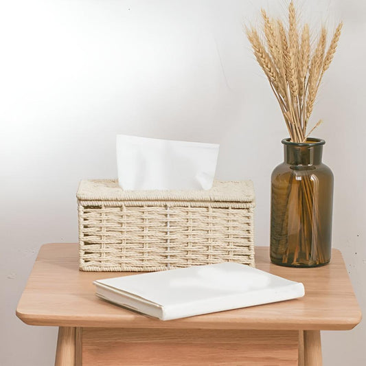 Rustic Rattan Tissue Box with Leather Accents